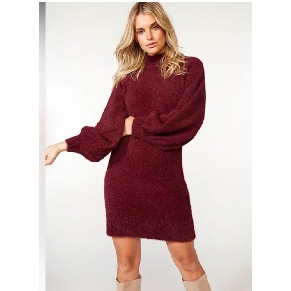 Bardot Burgundy Eyelash Knit Mock Neck Balloon‎ Sleeve Mini Sweater Dress Medium